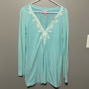 Lilly Pulitzer, Spa Blue, V Neck “Westley,” White Embroidered Tunic LIKE NEW!